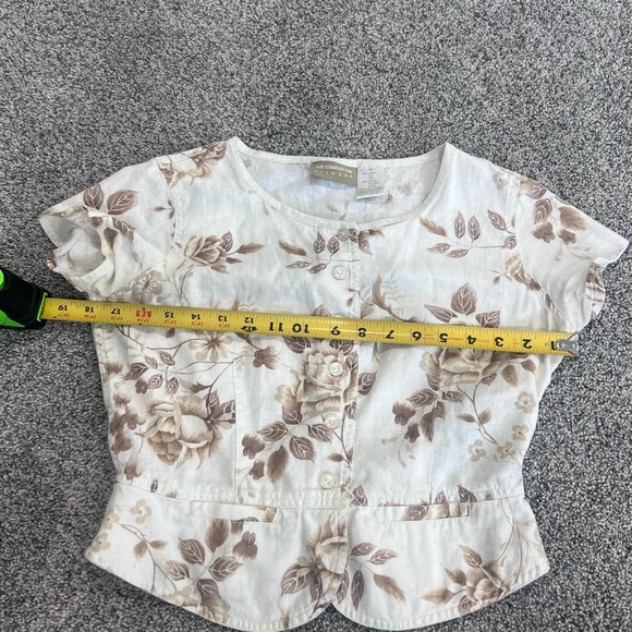Liz Claiborne Ivory Brown Floral Linen Rayon Crop Top Botton Close Women’s US 4 - Picture 4 of 6